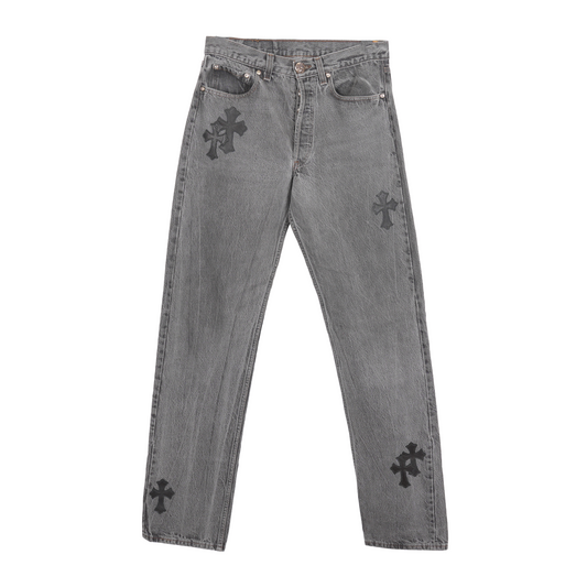 CHROME HEARTS BLACK CROSS PATCH 501 GREY LEVI'S DENIM