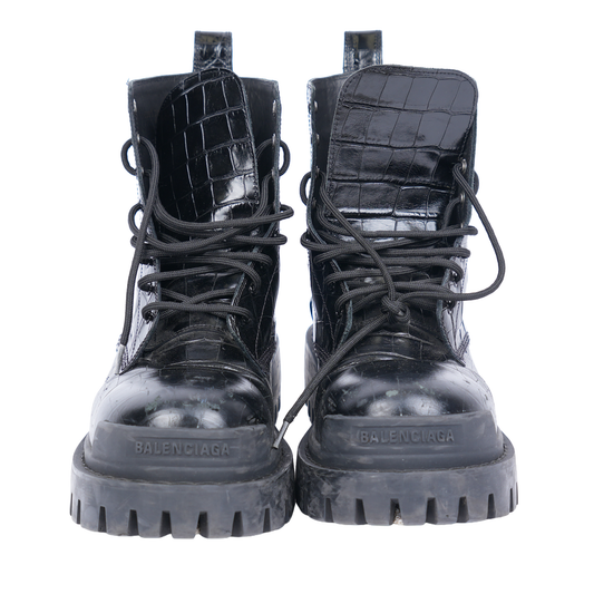 Balenciaga Black Croc Embossed Strike Boots