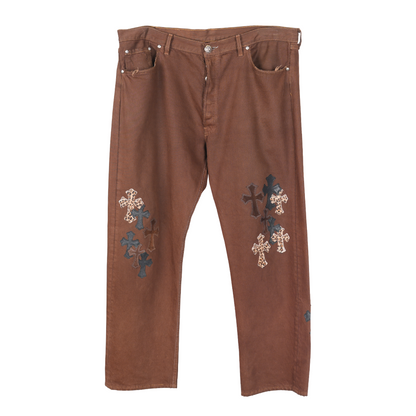 CHROME HEARTS 2021 NYFW BROWN CHEETAH CROSS PATCH JEANS