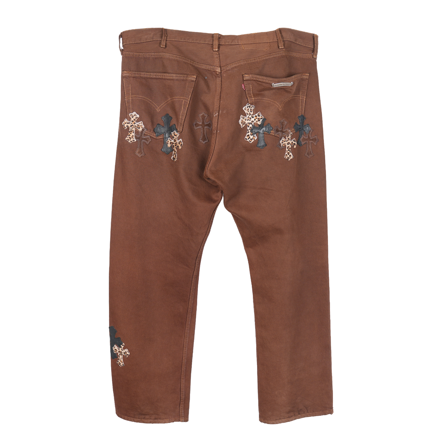 CHROME HEARTS 2021 NYFW BROWN CHEETAH CROSS PATCH JEANS