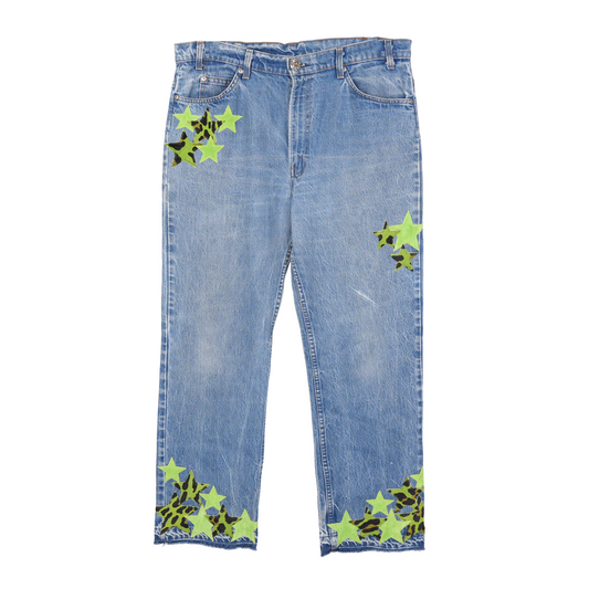 CHROME HEARTS ST BARTH'S GREEN CHEETAH STAR PATCH LEVIS DENIM