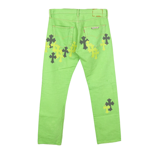 CHROME HEARTS GREEN SEX RECORDS CROSS PATCH DENIM