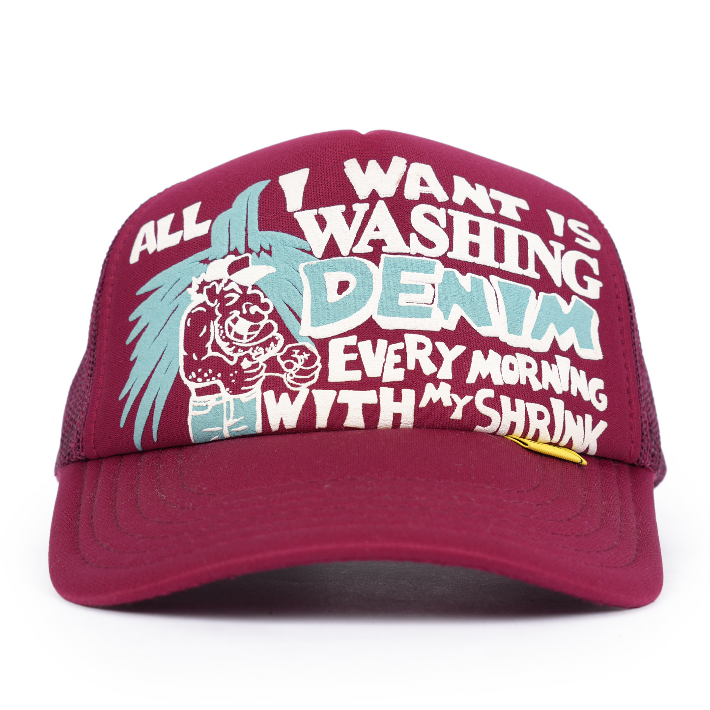 KAPITAL 'ALL I WANT IS WASHING DENIM' BURGUNDY TRUCKER HAT