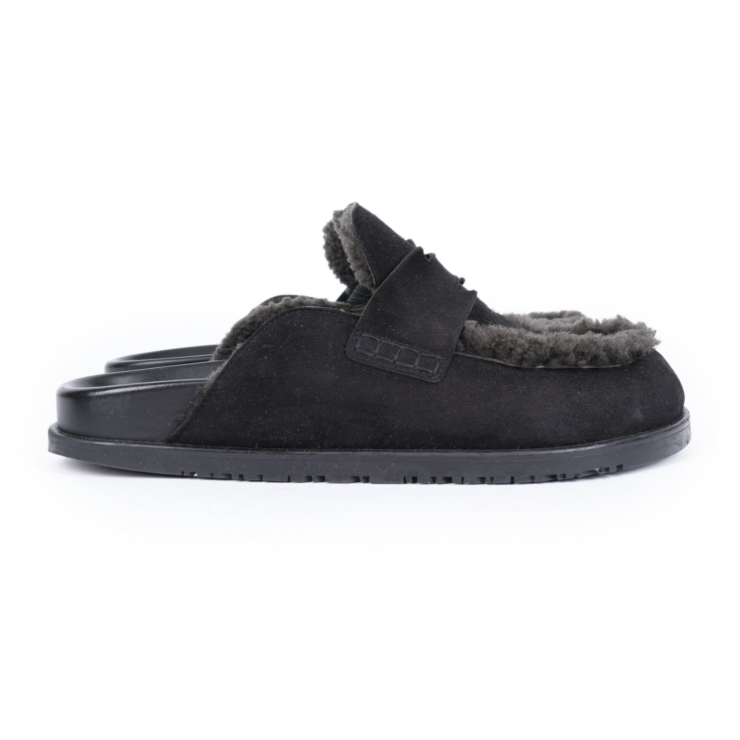 HERMES BLACK MULE SHEARLING SLIPPERS