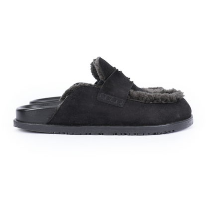 HERMES BLACK MULE SHEARLING SLIPPERS