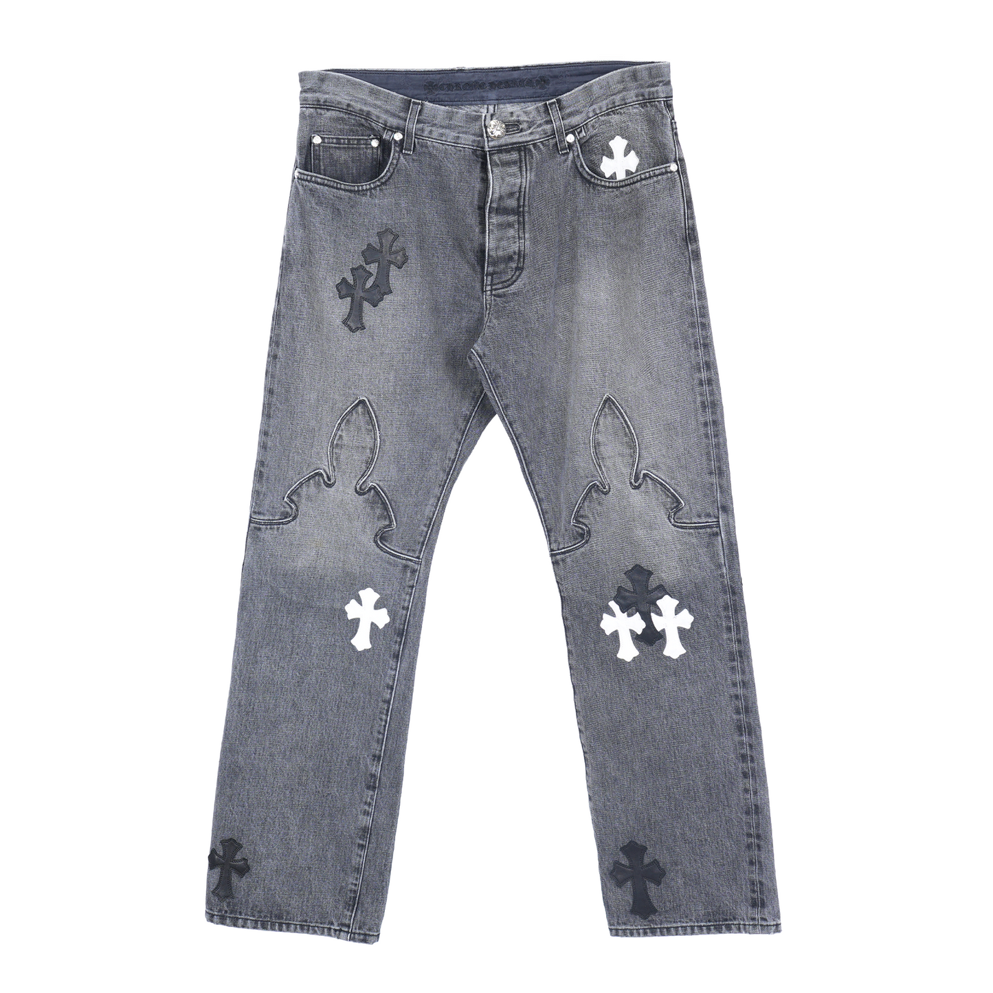 CHROME HEARTS BLACK AND WHITE PATCH FLEUR KNEE DENIM