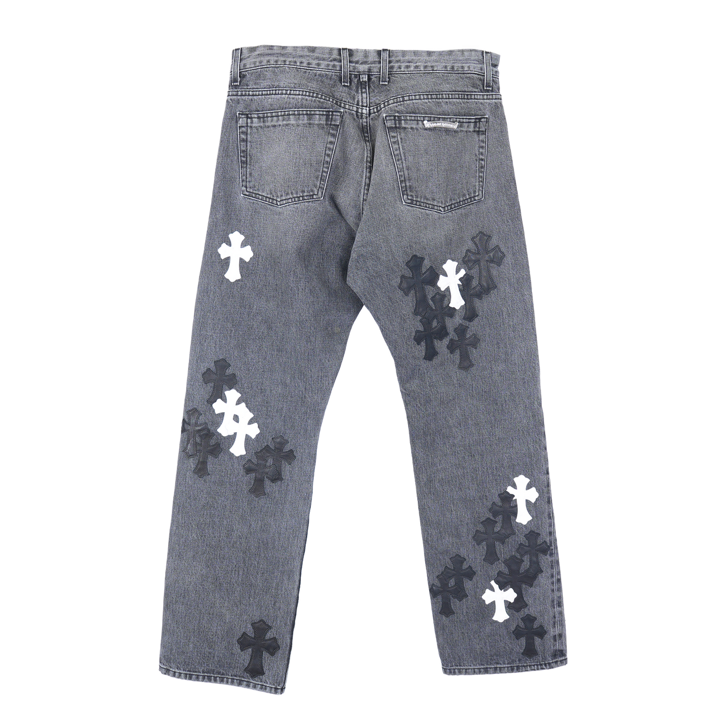 CHROME HEARTS BLACK AND WHITE PATCH FLEUR KNEE DENIM
