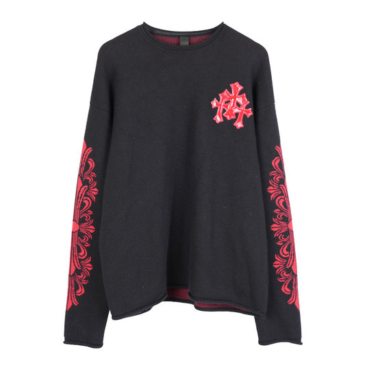 CHROME HEARTS RED PATENT PATCH FLORAL CASHMERE SWEATER