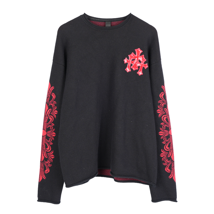 CHROME HEARTS RED PATENT PATCH FLORAL CASHMERE SWEATER