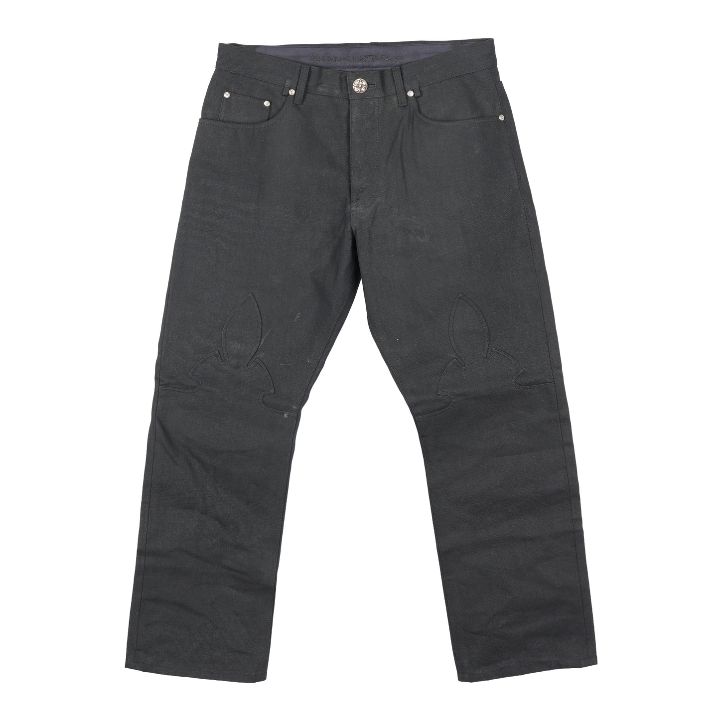 CHROME HEARTS FLEUR KNEE BLACK DENIM SZ 36