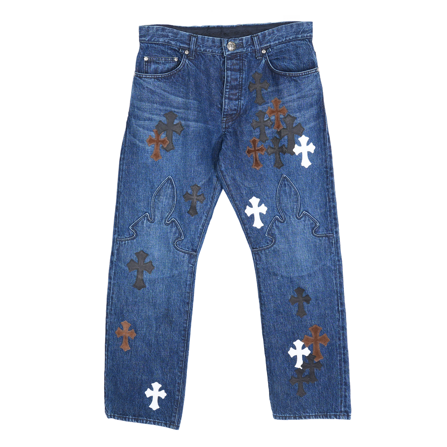 CHROME HEARTS BROWN AND WHITE PATCH FLEUR KNEE DENIM