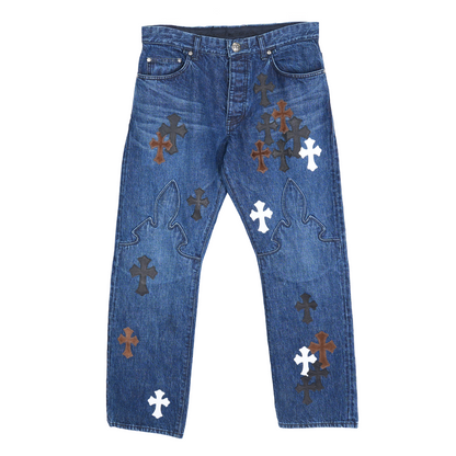 CHROME HEARTS BROWN AND WHITE PATCH FLEUR KNEE DENIM