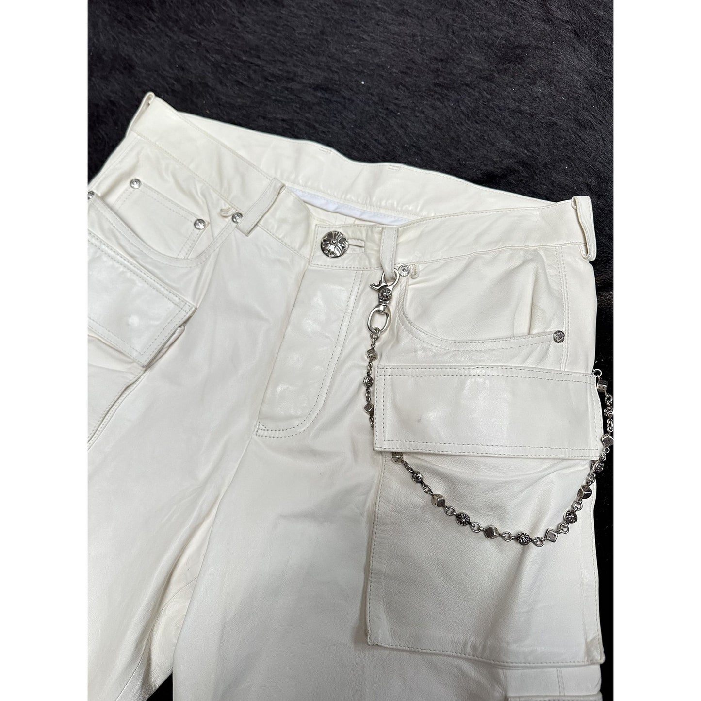 CHROME HEARTS WHITE LEATHER CARGO SHORTS