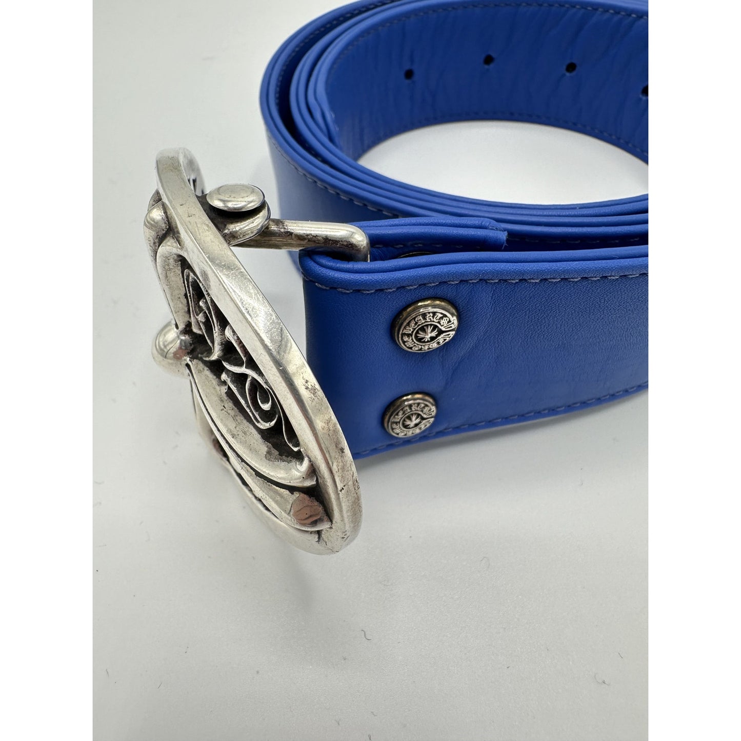 CHROME HEARTS OVAL CROSS BELT BLUE LEATHER STRAP SIZE 36