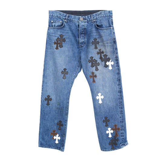 CHROME HEARTS BROWN AND WHITE PATCH DENIM