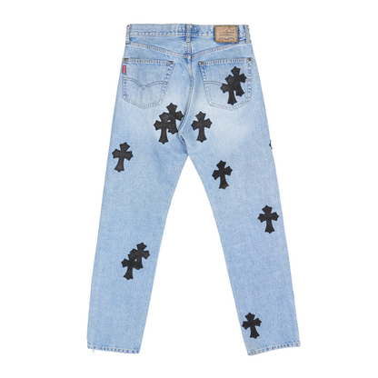 CHROME HEARTS VINTAGE CEMETERY PATCH LIGHT BLUE BIG STAR DENIM