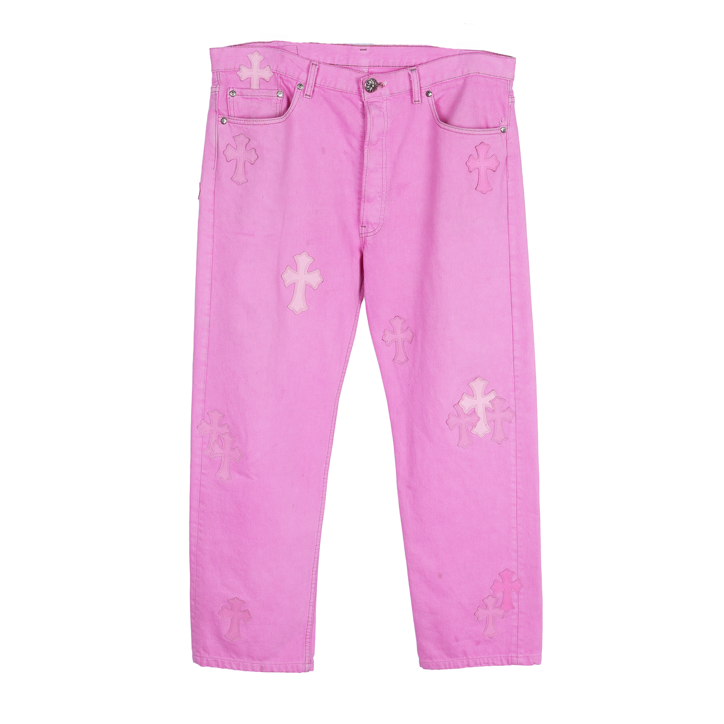 CHROME HEARTS PINK SEX RECORDS CROSS PATCH JEANS