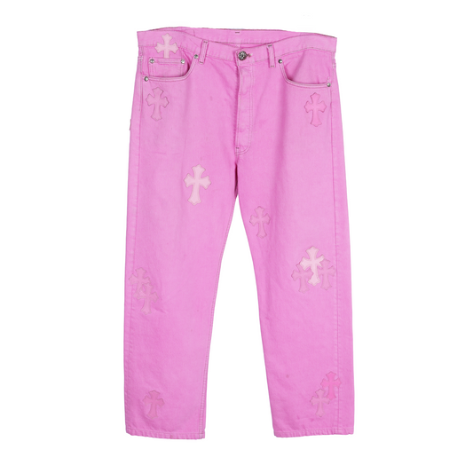 CHROME HEARTS PINK SEX RECORDS CROSS PATCH JEANS