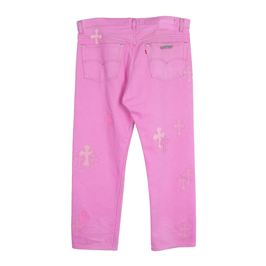 CHROME HEARTS PINK SEX RECORDS CROSS PATCH JEANS