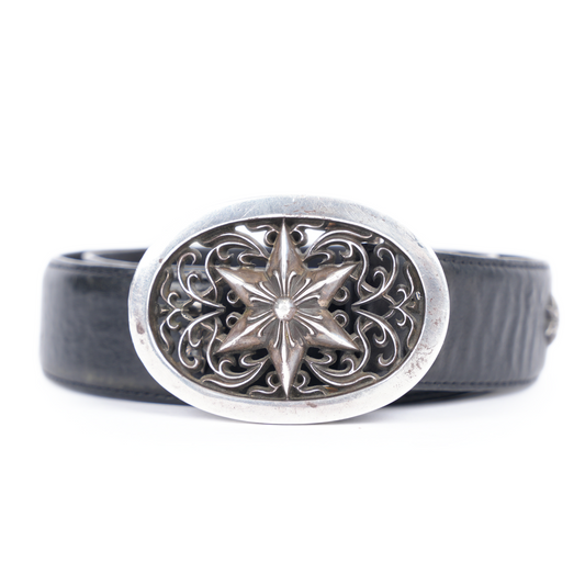CHROME HEARTS STAR OVAL BUCKLE WITH STAR STUDDED BELT STRAP SZ 32