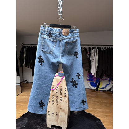 CHROME HEARTS LIGHT WASH LEVI'S CROSS PATCH DENIM SIZE 34 HEMMED