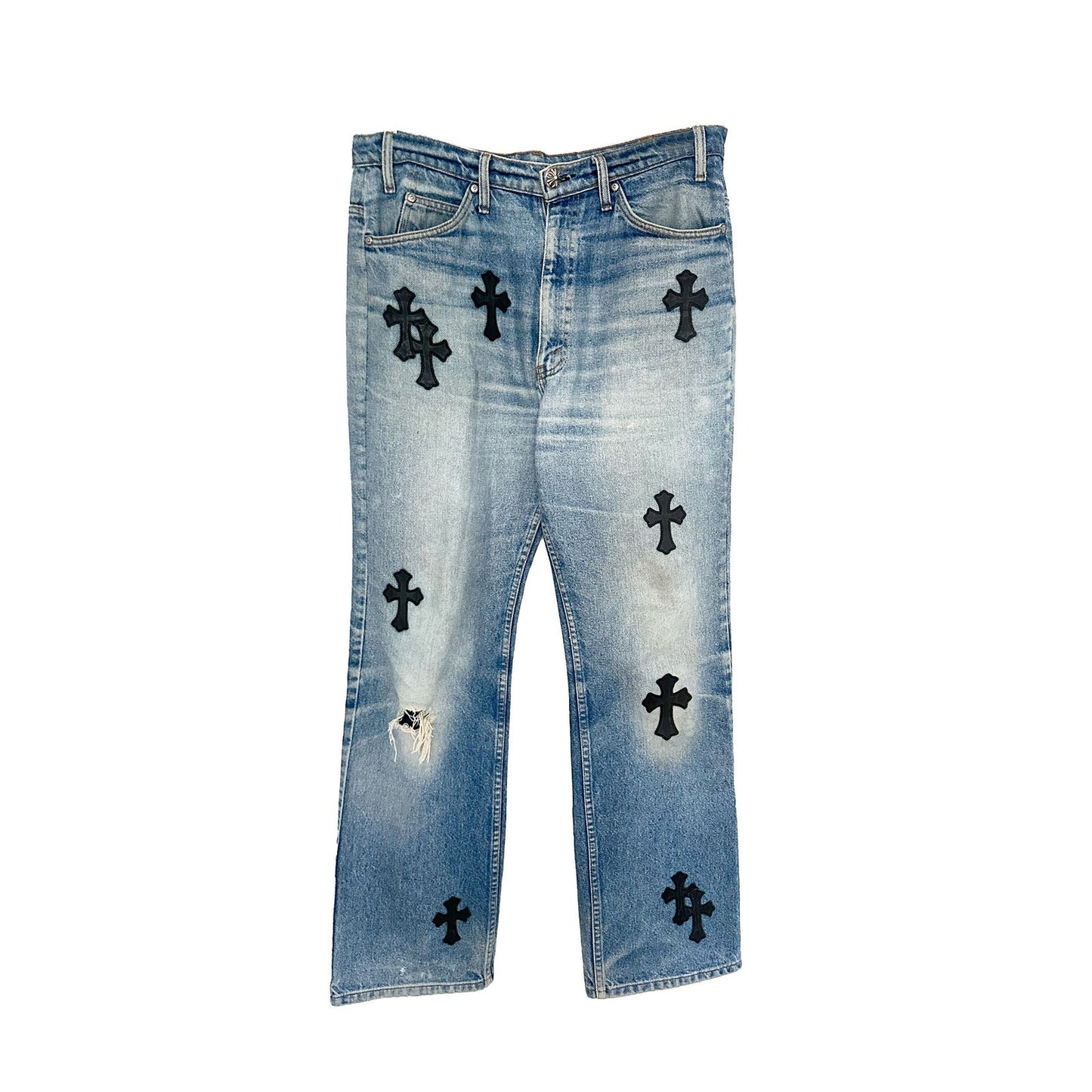 CHROME HEARTS LEVIS LIGHT WASH ORANGE TAB CROSS PATCH DENIM