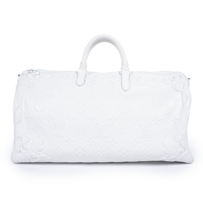 LOUIS VUITTON OPTIC WHITE EMBOSSED MONOGRAM KEEPALL 50 DUFFEL BAG