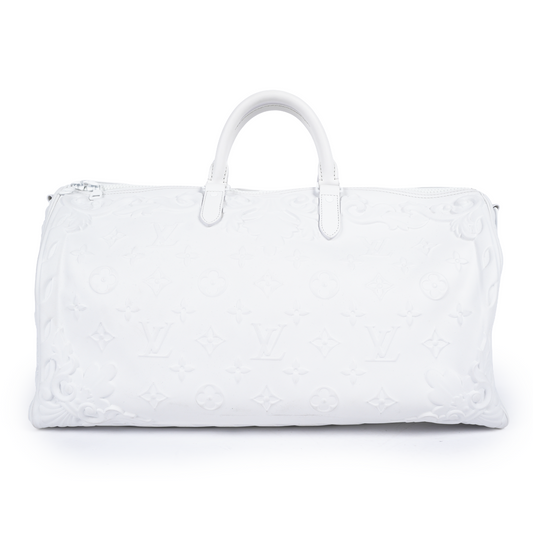 LOUIS VUITTON OPTIC WHITE EMBOSSED MONOGRAM KEEPALL 50 DUFFEL BAG