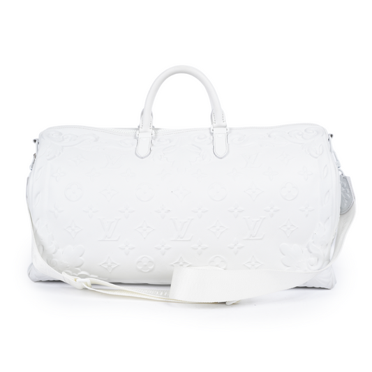 LOUIS VUITTON OPTIC WHITE EMBOSSED MONOGRAM KEEPALL 50 DUFFEL BAG