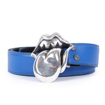 CHROME HEARTS ROLLING STONES BELT BUCKLE WITH BLUE LEATHER STRAP