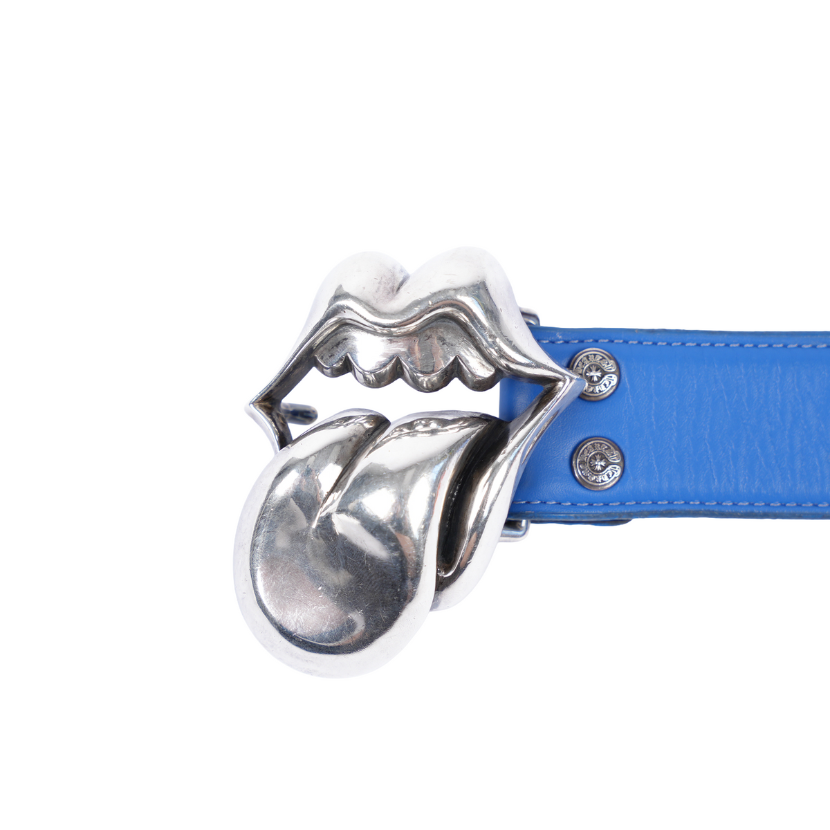 CHROME HEARTS ROLLING STONES BELT BUCKLE WITH BLUE LEATHER STRAP