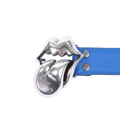 CHROME HEARTS ROLLING STONES BELT BUCKLE WITH BLUE LEATHER STRAP