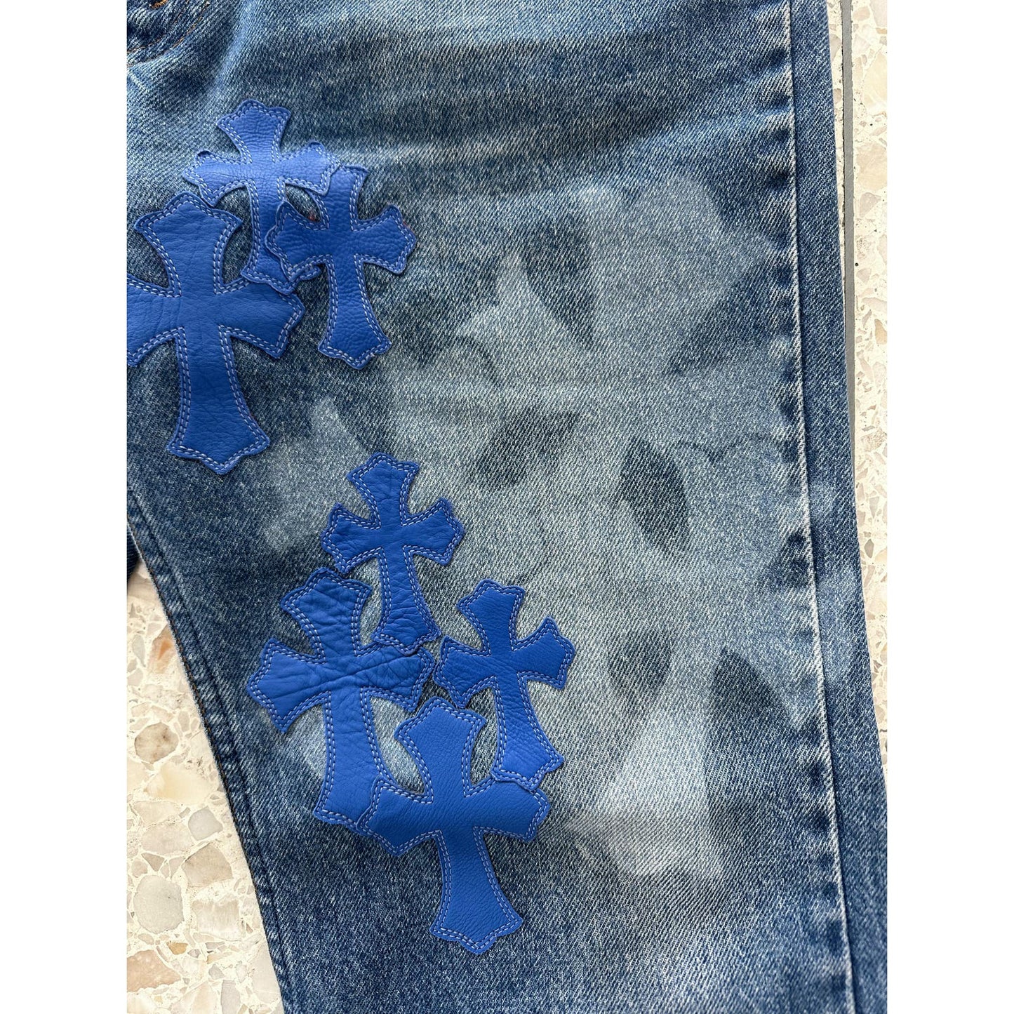 CHROME HEARTS VVIP BLUE CROSS PATCH STENCIL DENIM ORANGE TAB 33