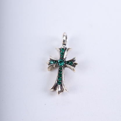 CHROME HEARTS EMERALD TINY CROSS CHARM SILVER