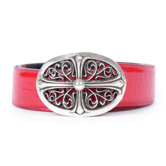 CHROME HEARTS OVAL BELT BUCKLE WITH RED PATENT STRAP
