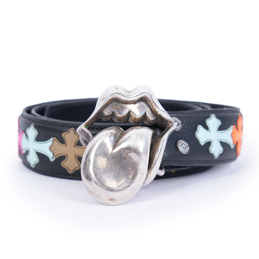 CHROME HEARTS MULTICOLOR CROSS PATCH BELT WITH ROLLING STONES BUCKLE