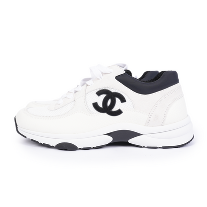 Chanel White Mesh Suede Calfskin Men's CC Trainer Sneakers