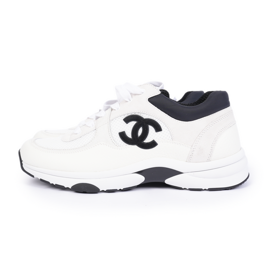 Chanel White Mesh Suede Calfskin Men's CC Trainer Sneakers