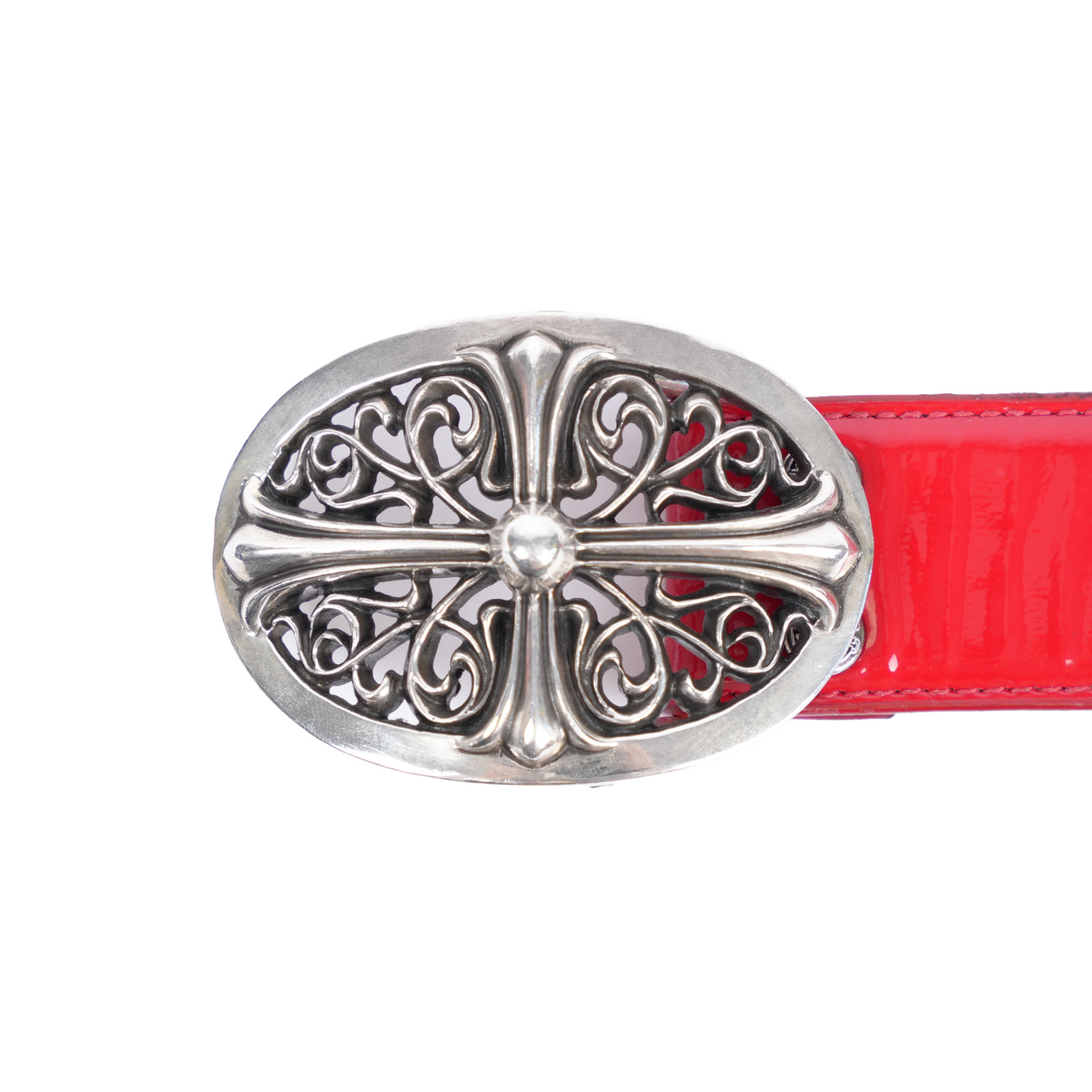 CHROME HEARTS OVAL BELT BUCKLE WITH RED PATENT STRAP