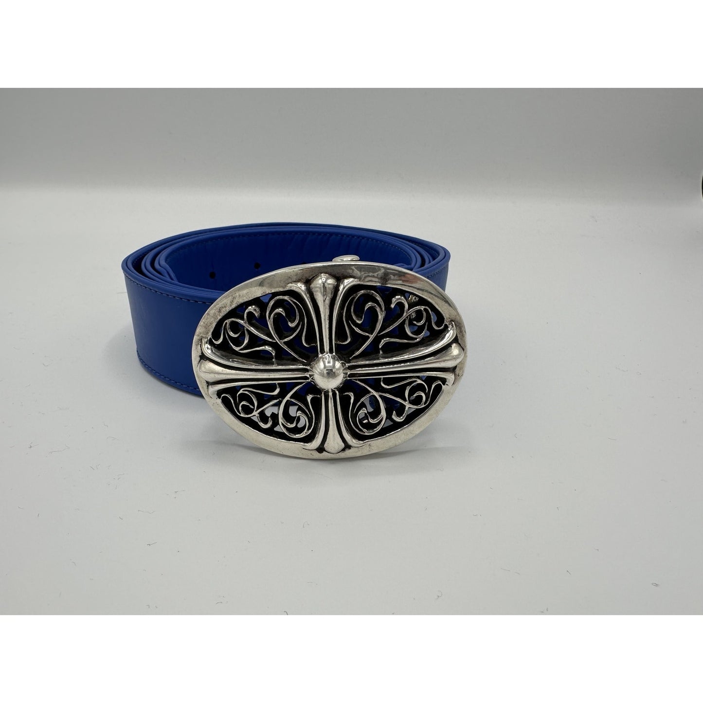 CHROME HEARTS OVAL CROSS BELT BLUE LEATHER STRAP SIZE 36