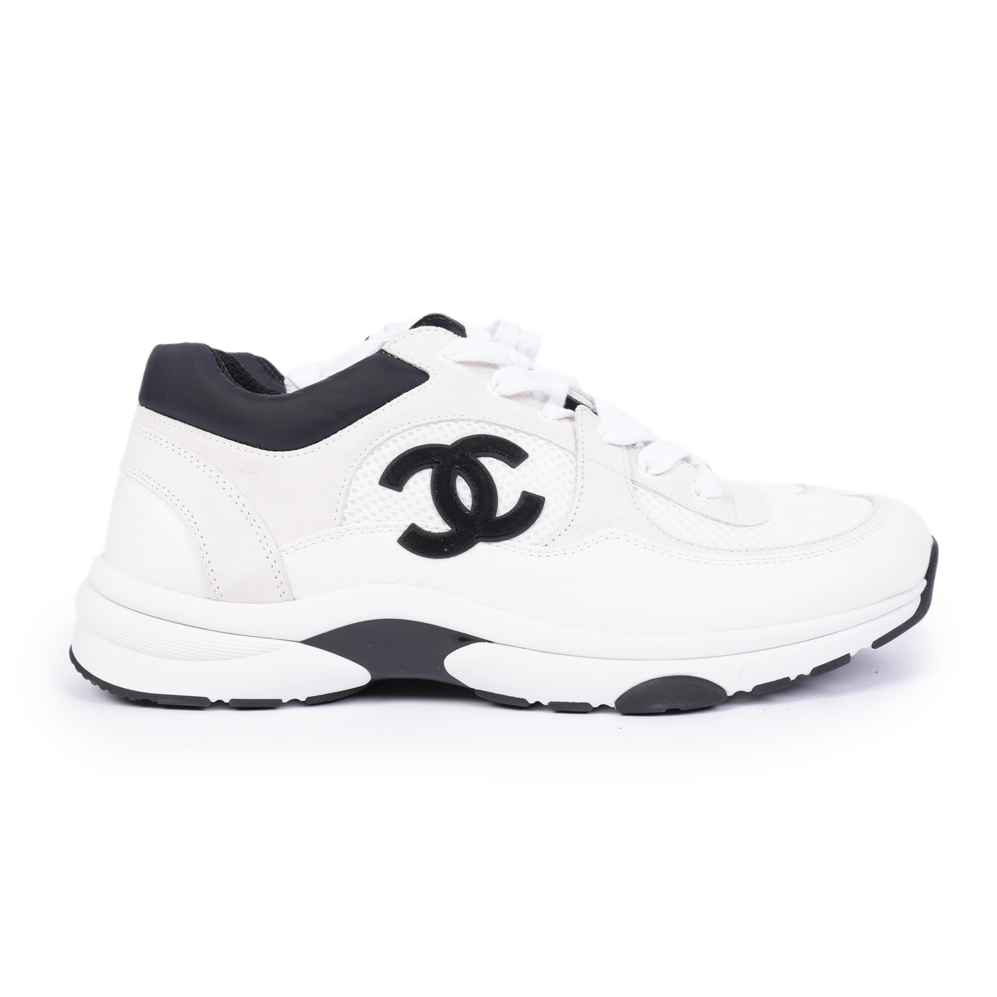Chanel White Mesh Suede Calfskin Men's CC Trainer Sneakers