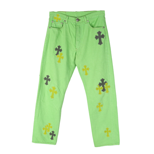CHROME HEARTS GREEN SEX RECORDS CROSS PATCH JEANS