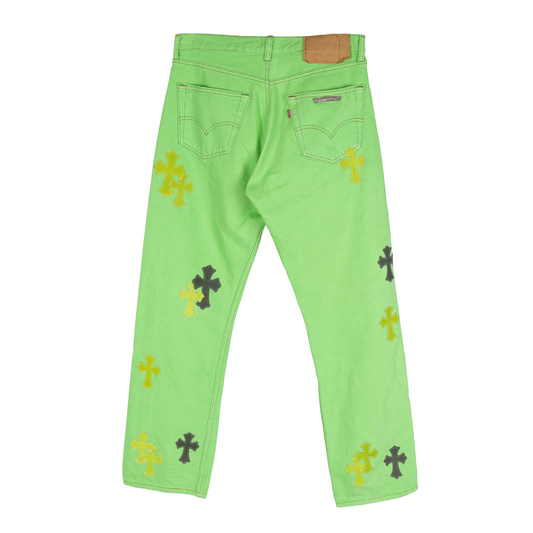 CHROME HEARTS GREEN SEX RECORDS CROSS PATCH JEANS