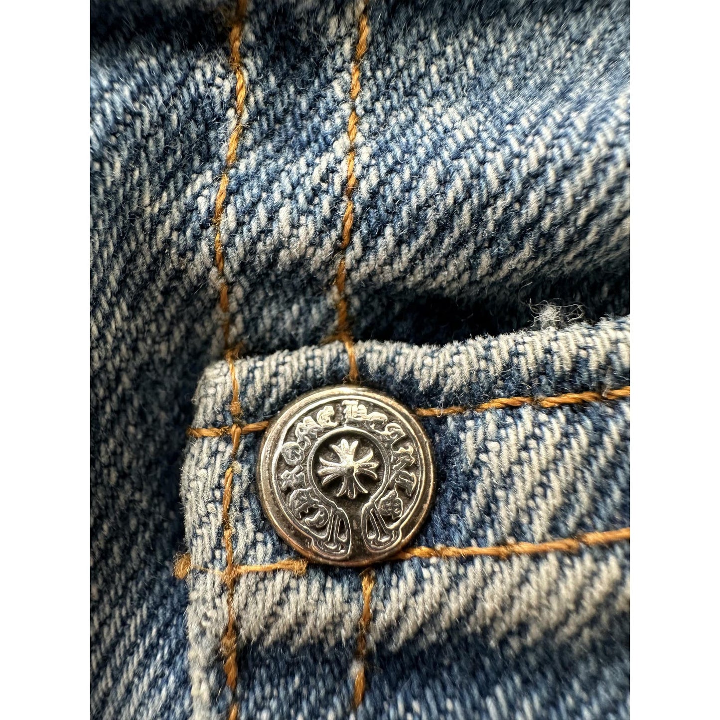 CHROME HEARTS VVIP BLUE CROSS PATCH STENCIL DENIM ORANGE TAB 33