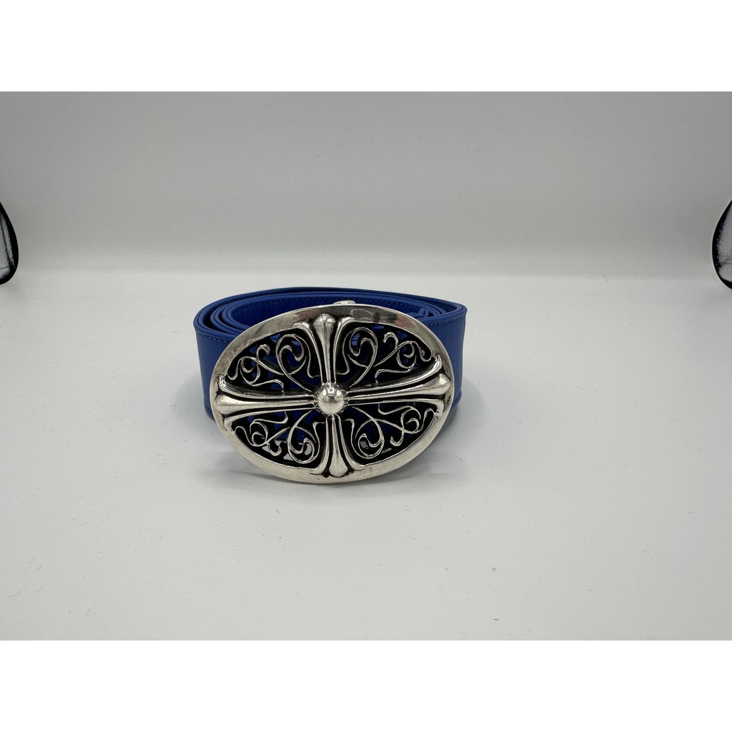 CHROME HEARTS OVAL CROSS BELT BLUE LEATHER STRAP SIZE 36