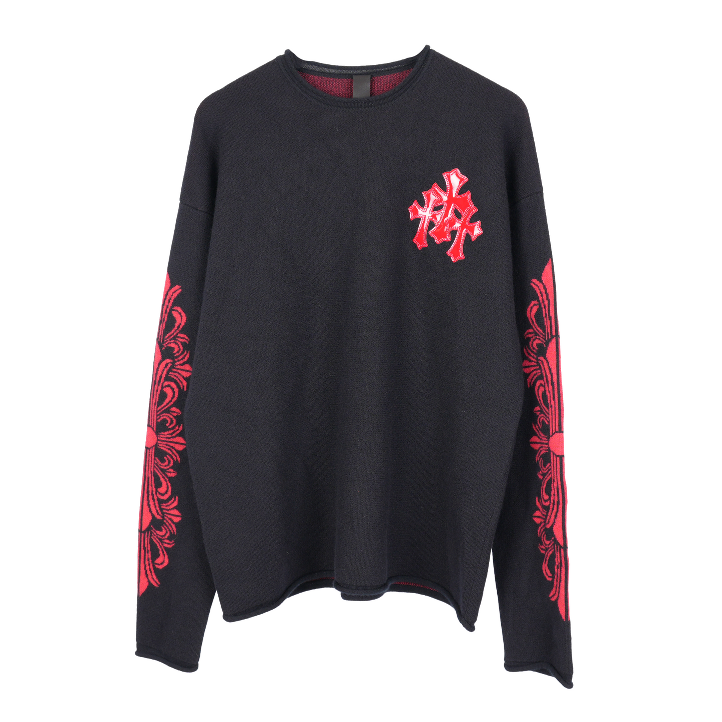 CHROME HEARTS RED PATENT PATCH FLORAL CASHMERE SWEATER