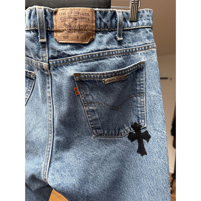 CHROME HEARTS LIGHT WASH LEVI'S CROSS PATCH DENIM SIZE 34 HEMMED
