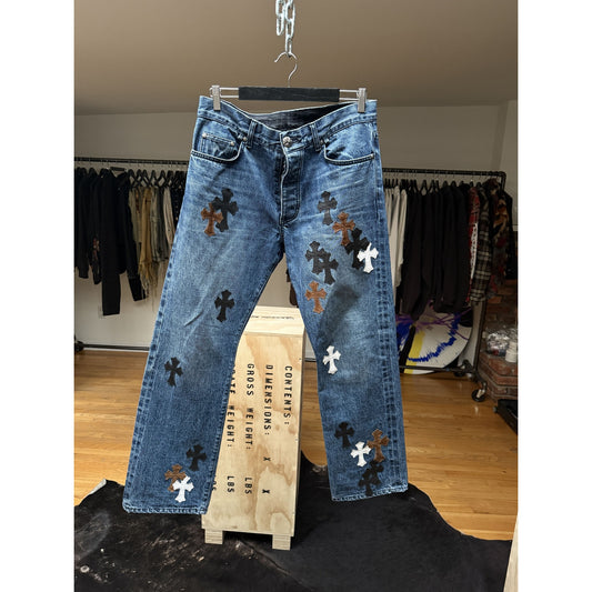 Chrome Hearts Black, White & Brown Patch blue Denim Jeans