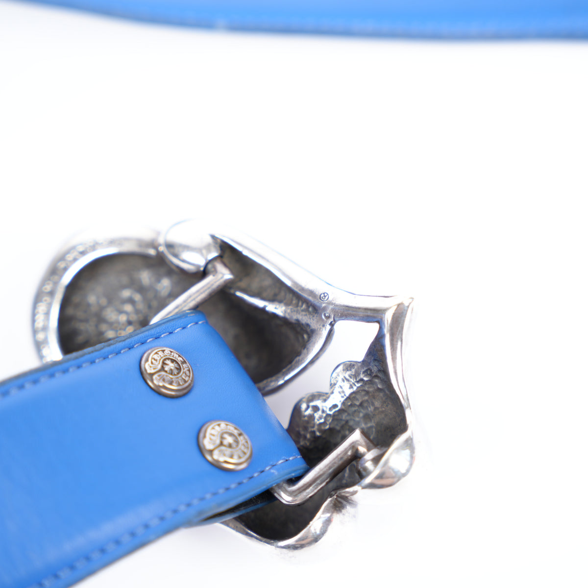 CHROME HEARTS ROLLING STONES BELT BUCKLE WITH BLUE LEATHER STRAP