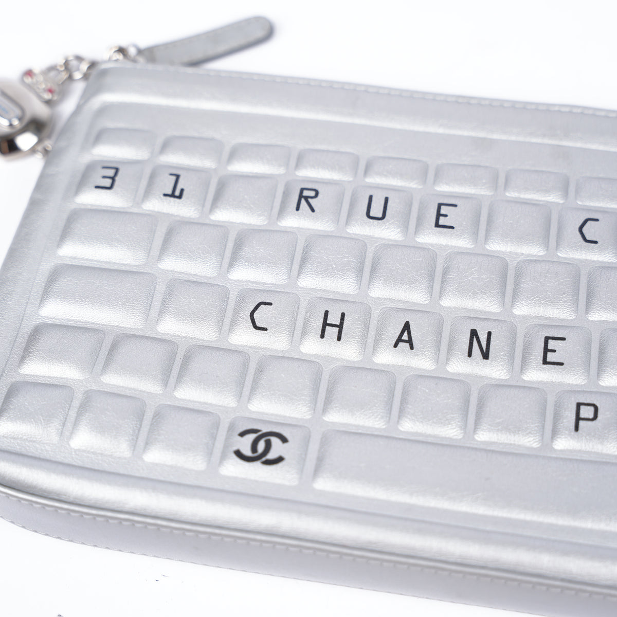 CHANEL SILVER LEATHER KEYBOARD RUE CAMBON CLUTCH